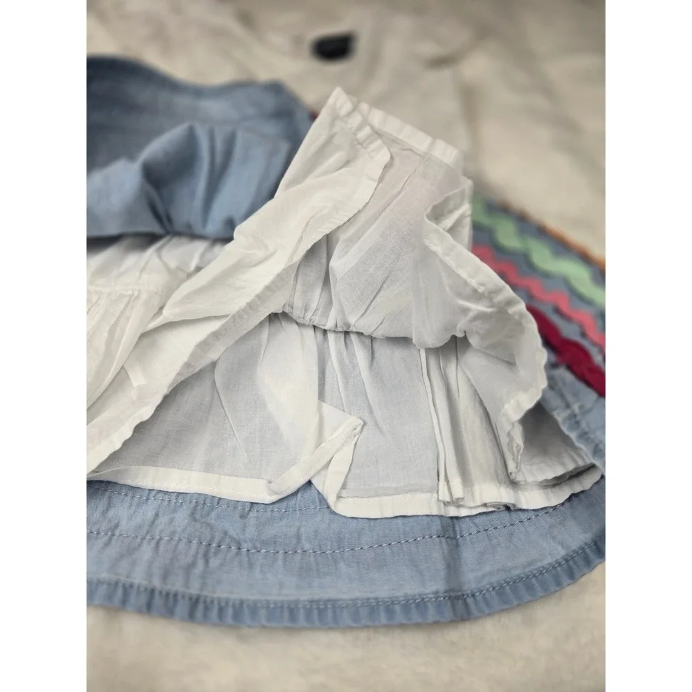 Cynthia Rowley 24M Baby Girls Lace Denim Rickrack Bow Dress White Blue Short Slv
